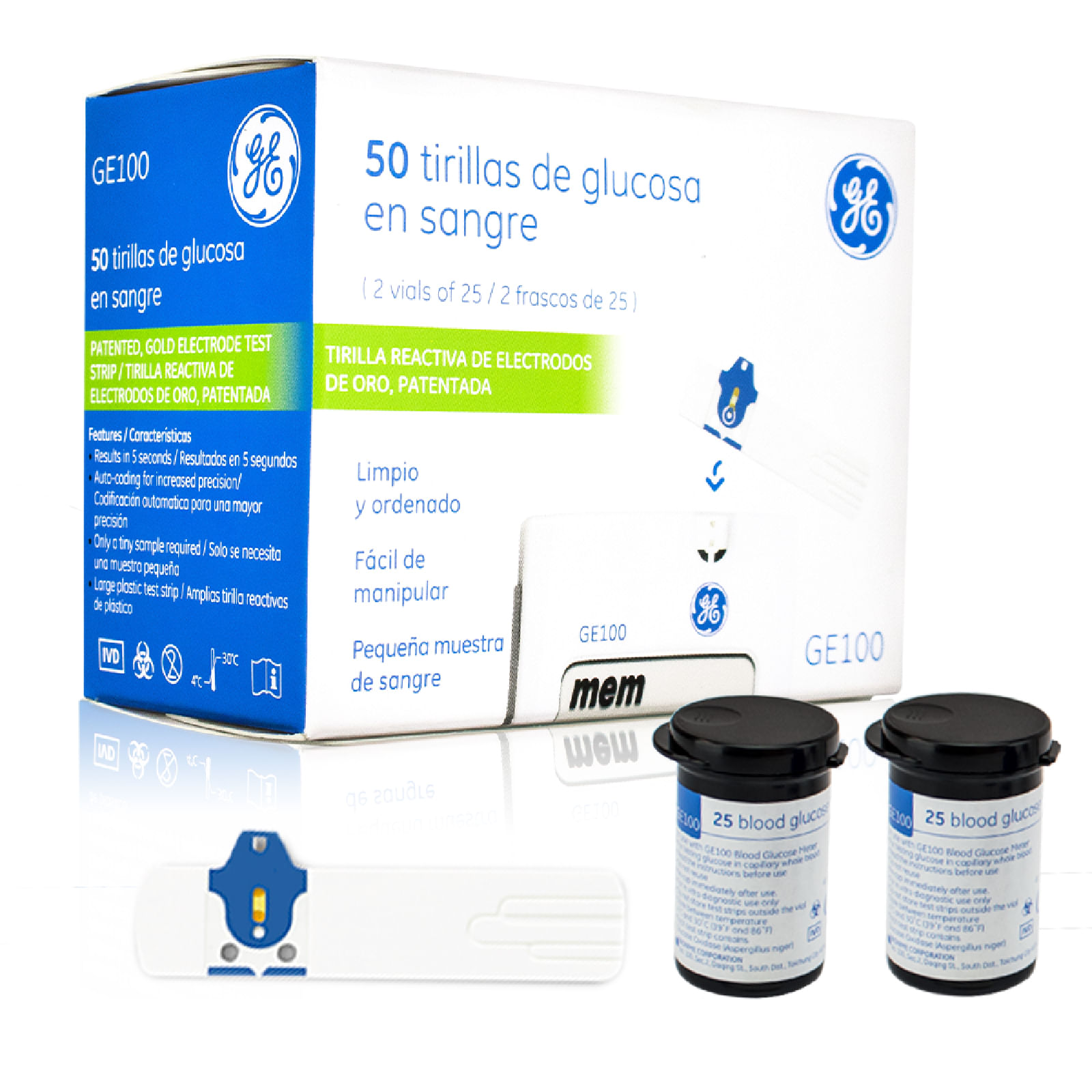 Tirillas Reactivas de Glucosa GE100 50 Unidades (2 frascos de 25)